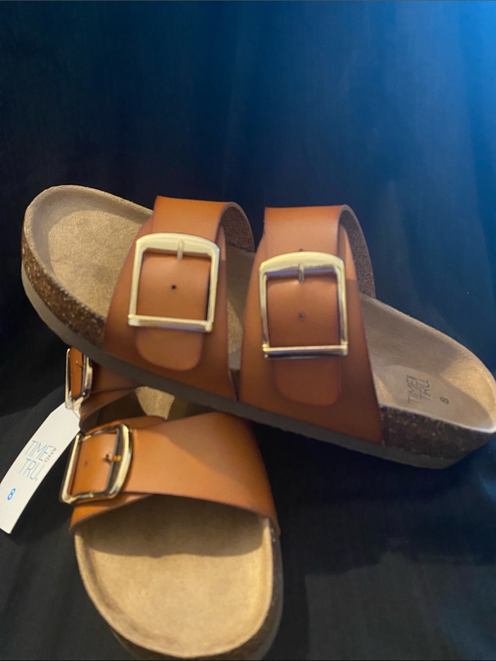 Time and Tru Tan Double Buckle Cork Footbed Sandals
